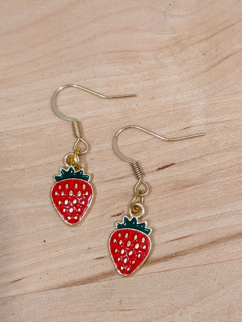 Strawberry Drop Earrings - Red and Green Enamel